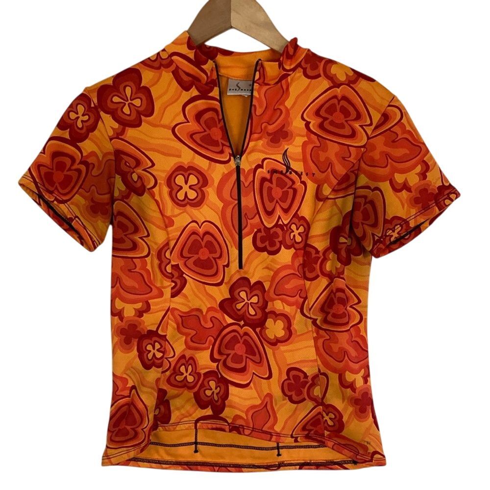 She Beast Womens Short Sleeve Cycling Shirt‎ Size S Orange Floral Retro 1/2 Zip